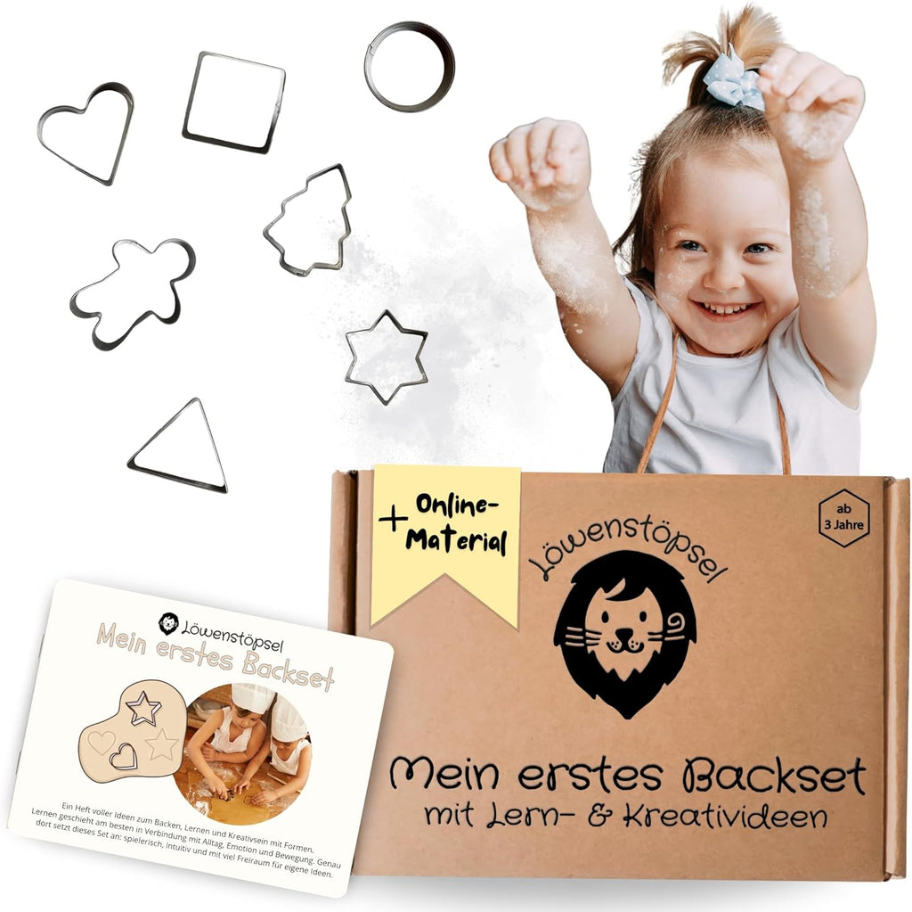 Backset für Kinder mit 7 Ausstechformen, Lern- und Kreativideen, gezeigt mit fröhlichem Kind beim Backen.