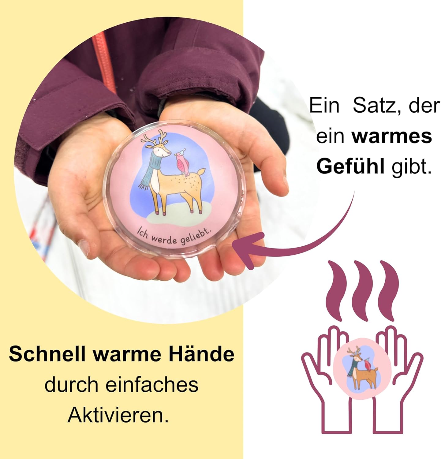 Kind hält runden Handwärmer mit Affirmation - Ich werde geliebt - und Tiermotiv, schnell aktivierbar für warme Hände.