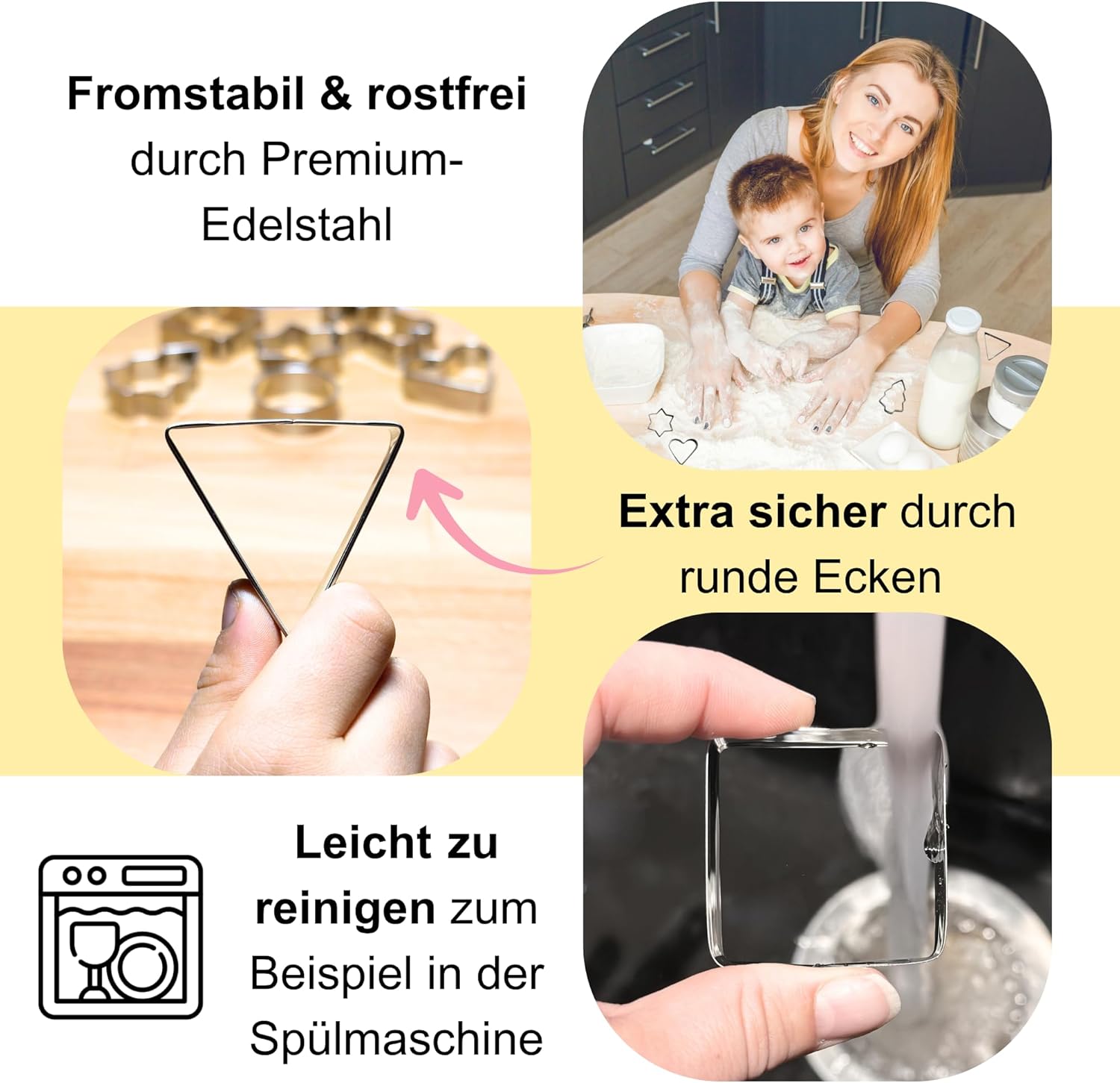 Rostfreie Edelstahl-Ausstecher für Kinder mit runden Ecken, leicht zu reinigen und besonders stabil.