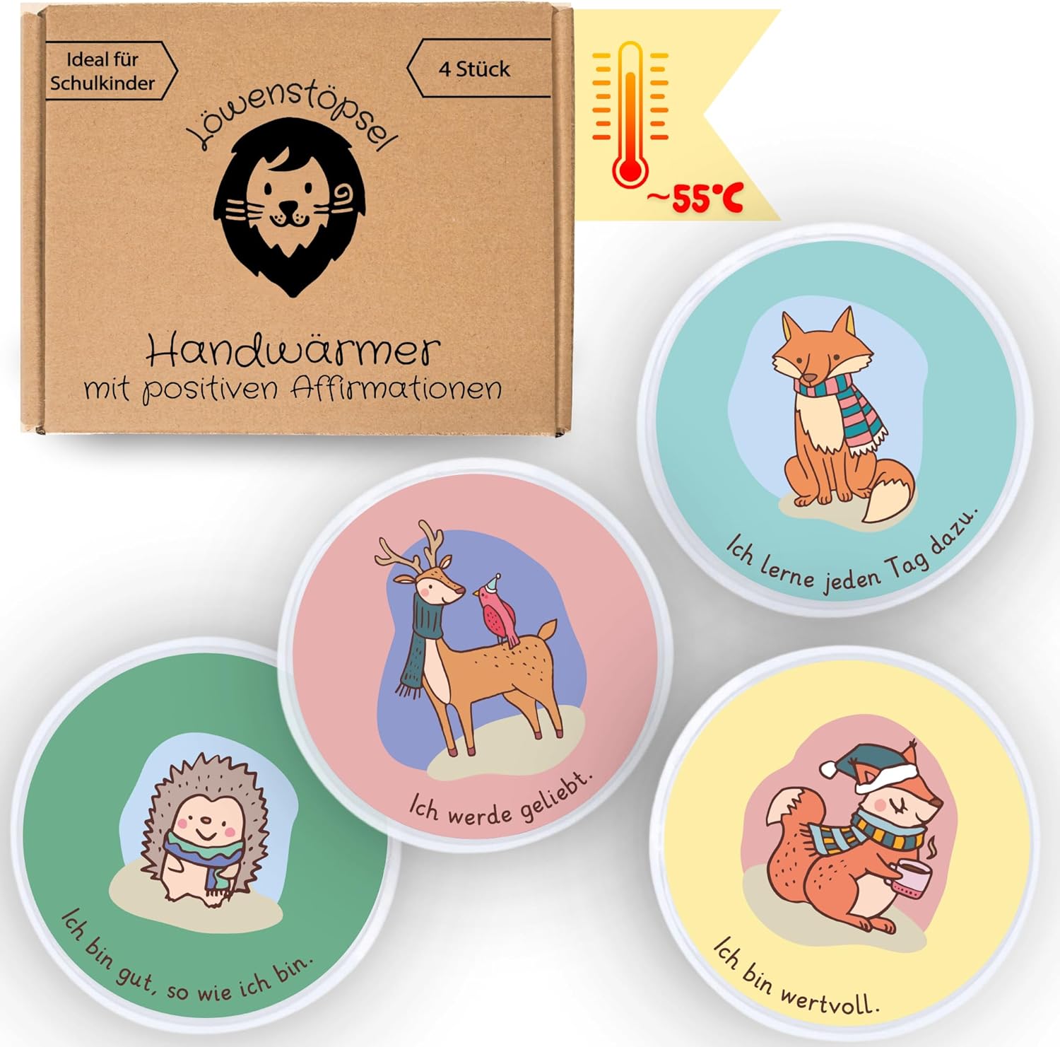 4er Set Kinder-Handwärmer mit positiven Affirmationen und Tiermotiven, inklusive Geschenkbox von Löwenstöpsel. Ich lerne jeden Tag dazu. Ich werde geliebt. Ich bin wertvoll. Ich bin gut, so wie ich bin. 