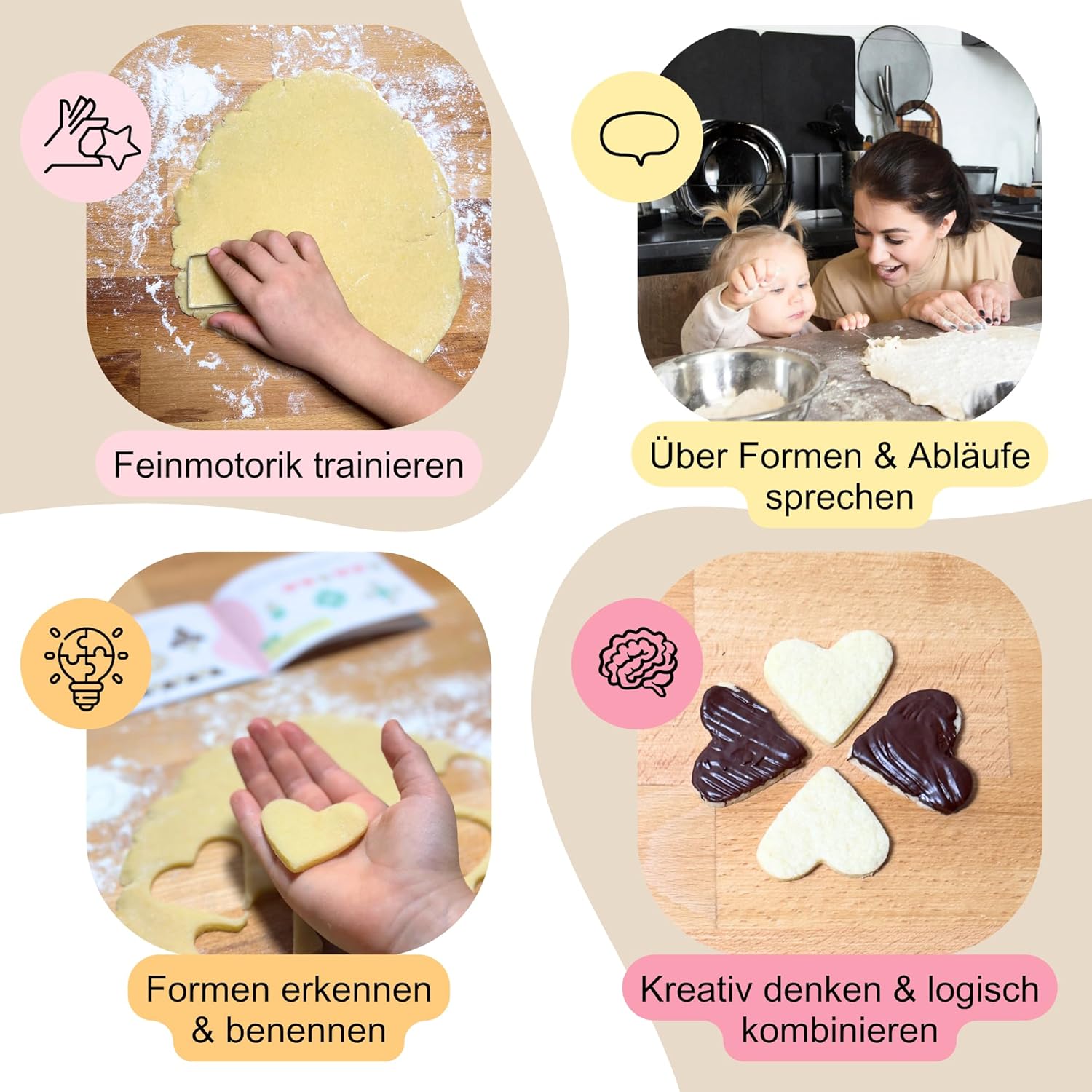 Backset für Kinder mit Lernimpulsen wie Feinmotorik, Formen erkennen und kreatives Denken.