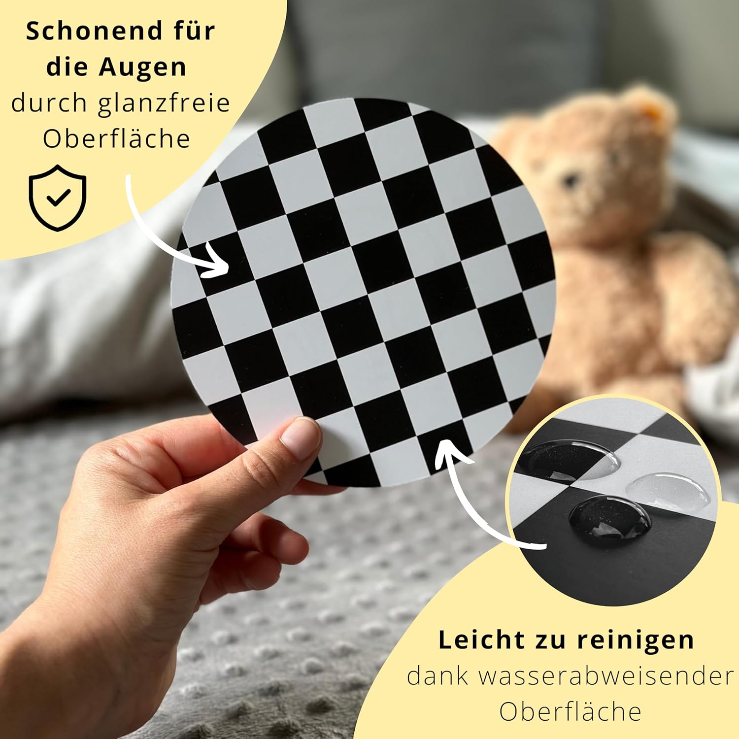 Runde Schwarz-Weiß-Kontrastkarten für Babys, glanzfreie, nicht reflektierend. Mit wasserabweisende Oberfläche, leicht zu reinigen.