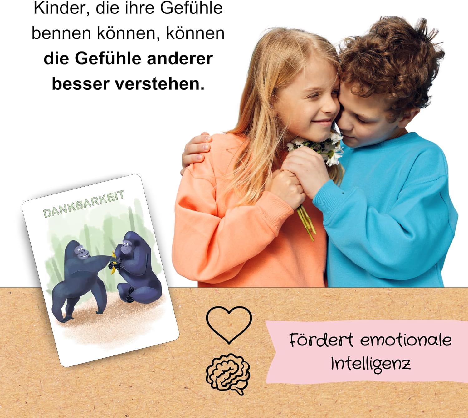 Gefühlskarten für Kinder mit Tierillustrationen, gezeigt mit zwei Kindern, die sich umarmen und das Gefühl Dankbarkeit verkörpern. 