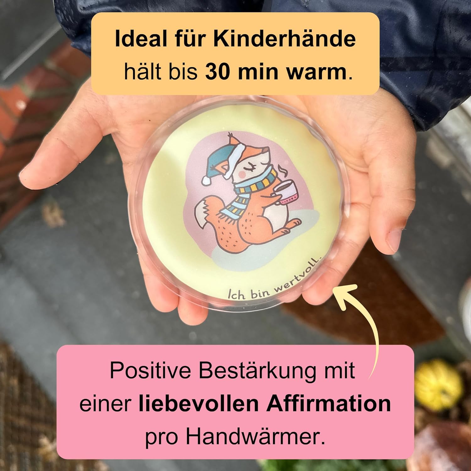 Kinder-Handwärmer mit Tiermotiv und Affirmation, hält bis zu 30 Minuten warm, ideal für kleine Hände.