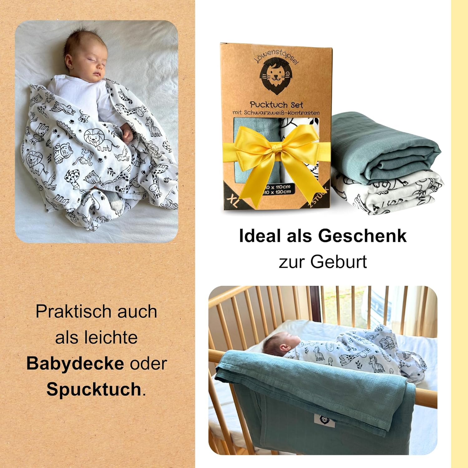 XL Pucktuch 2er Set mit schwarzweiß Motiven & in Trendfarbe Salbei
