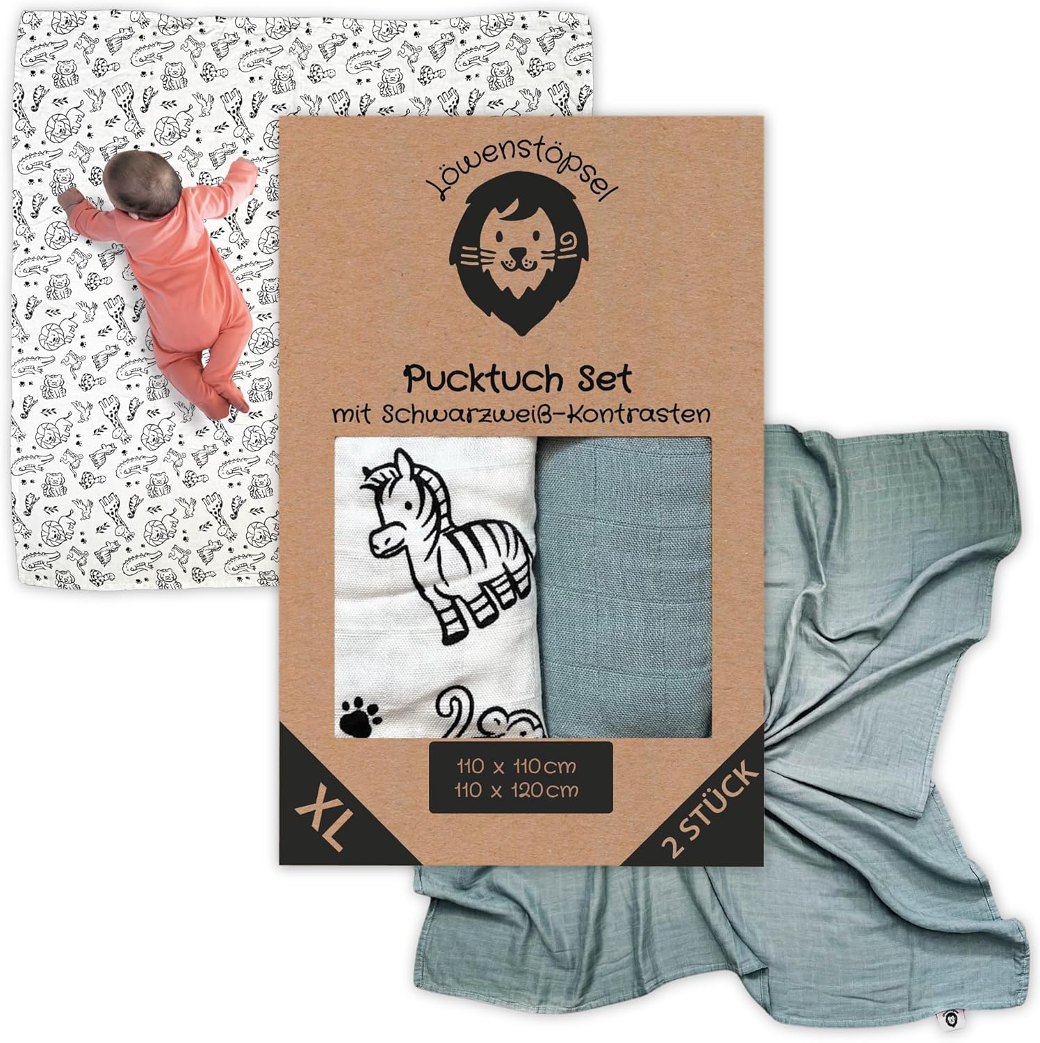 Ein Baby in einem rosa Strampler liegt auf einem weißen Pucktuch mit schwarz gezeichneten Tiermotiven. Darüber liegt zentral die Produktverpackung des Löwenstöpfsel Pucktuch Sets, in der ein weißes Tuch mit Zebramotiv und ein salbeifarbenes Tuch zu sehen sind. Rechts daneben ist das salbeifarbene Tuch ausgebreitet dargestellt.
