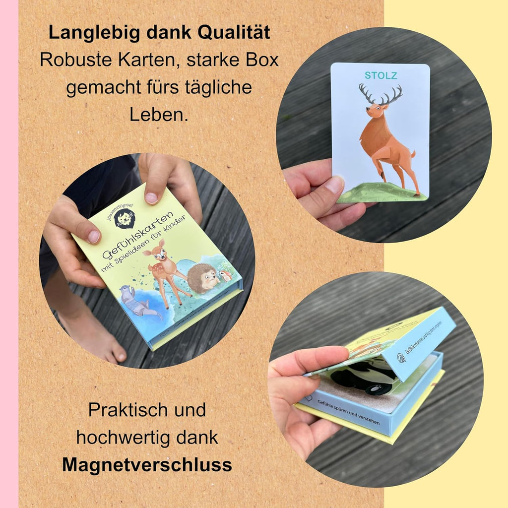 Robuste Gefühlskarten in stabiler Box mit Magnetverschluss, ideal für den täglichen Einsatz. Langlebig emotionale Intelligenz fördern.