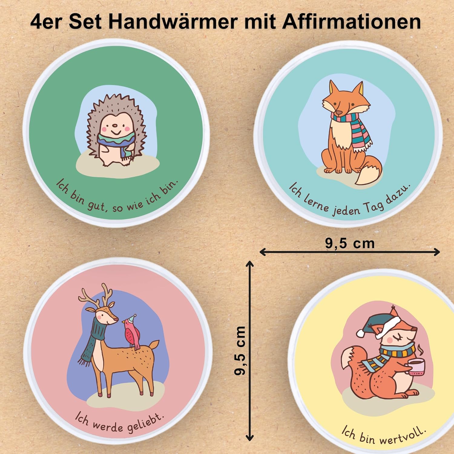 Runde Kinder-Handwärmer mit Tiermotiven und Affirmationen, 9,5 cm groß, im 4er Set.