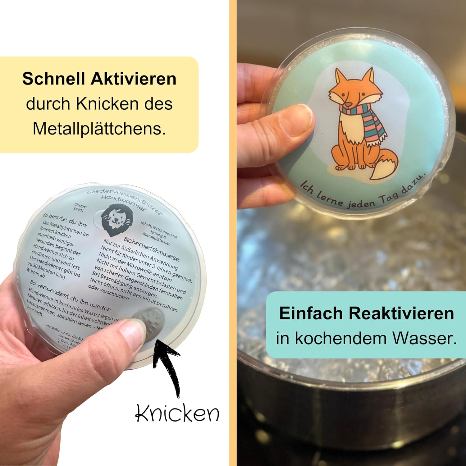 Wiederverwendbarer Handwärmer für Kinder: Aktivieren durch Knicken, reaktivieren durch Erhitzen im Wasser.