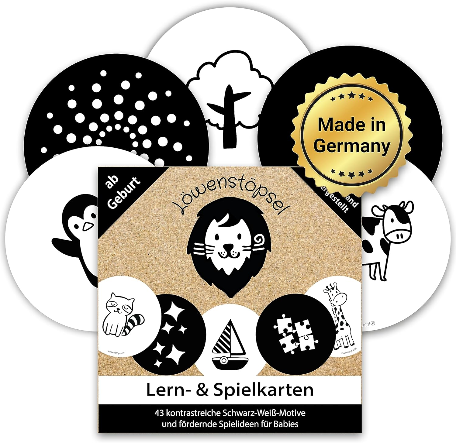 Lern- und Spielkarten für Babys mit 43 kontrastreichen Schwarz-Weiß-Motiven, Made in Germany.