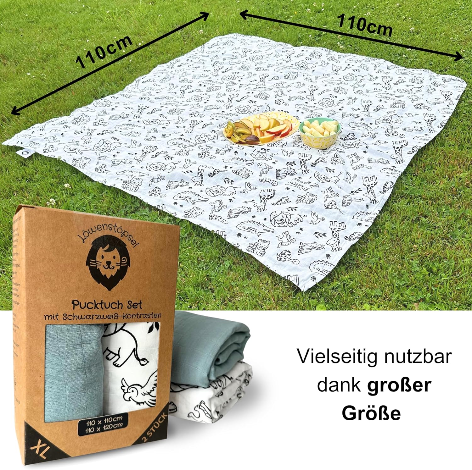Großes weißes Pucktuch mit schwarz gezeichneten Tiermotiven liegt auf einer Wiese; Maße 110 × 110 cm sind eingezeichnet. Auf dem Tuch stehen zwei Schalen mit geschnittenem Obst. Unten links ist die Produktverpackung des Löwenstoppel-Pucktuch-Sets mit zwei Tüchern zu sehen. Rechts steht der Text: ‚Vielseitig nutzbar dank großer Größe‘