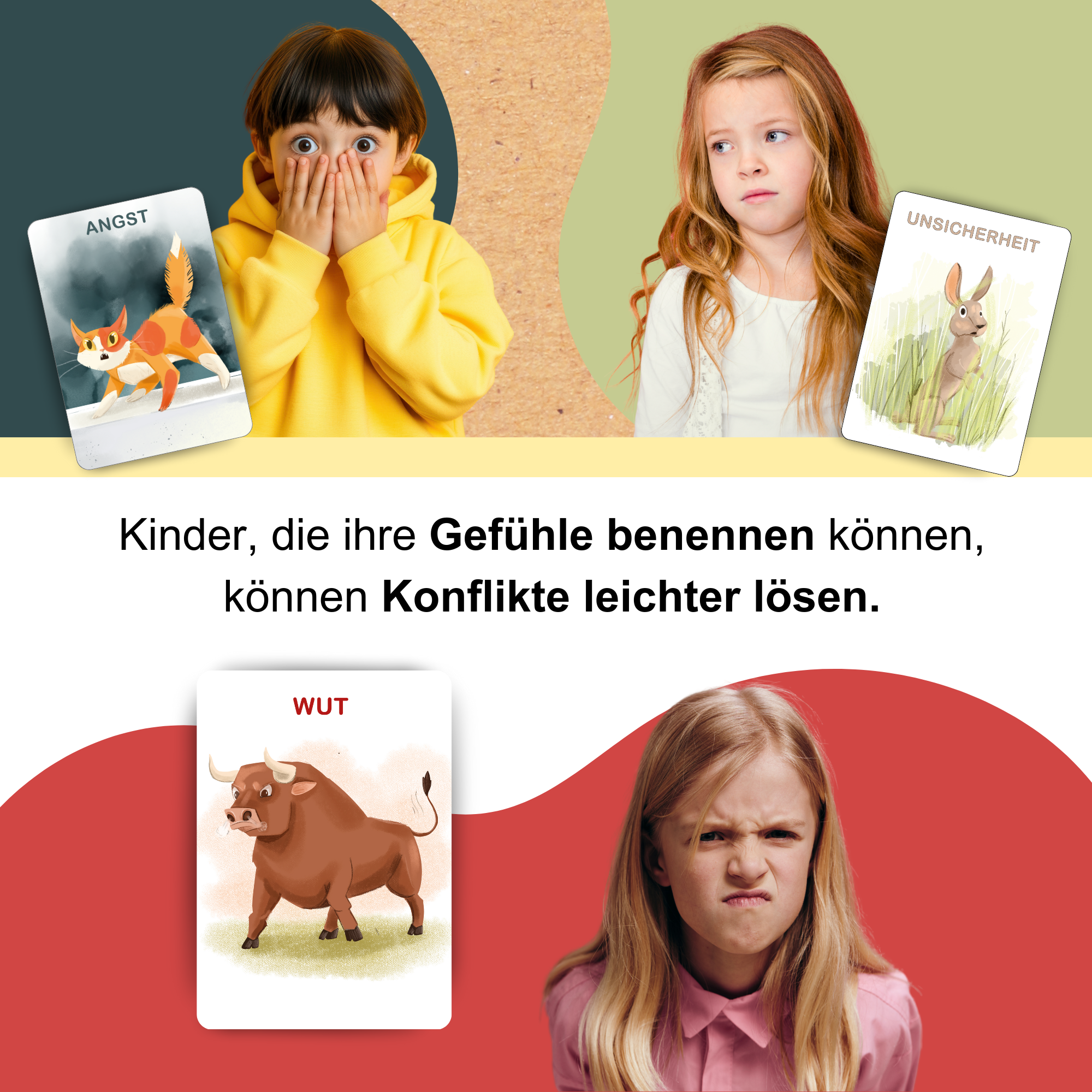 Gefühlskarten für Kinder mit Illustrationen zu Angst, Unsicherheit und Wut, kombiniert mit Kindergesichtern. Kinder, die Gefühle benennen können, können Konflikte leichter lösen.
